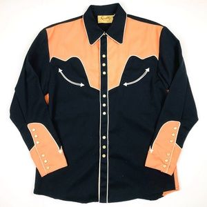 Scully Vintage Western Bowling Snap Button Long Sleeve Shirt Peach/Black - Small